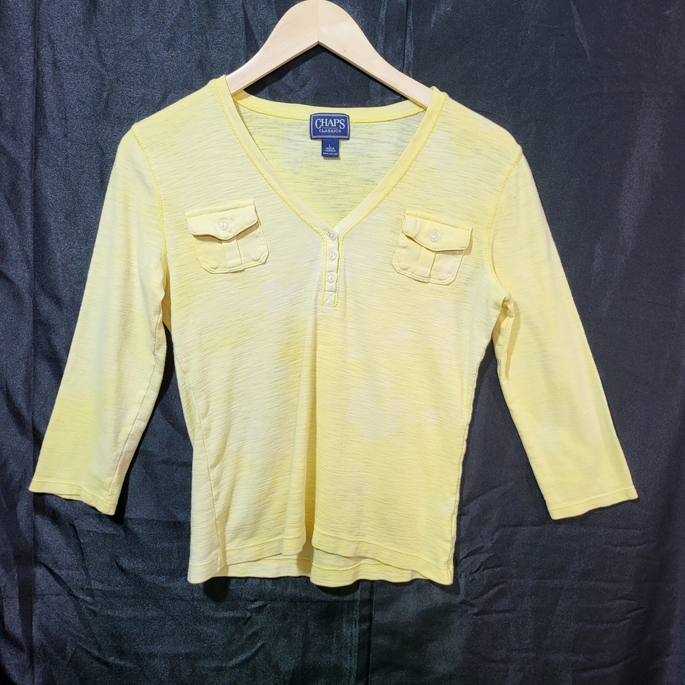 Chaps Classics Womens Yellow 100% Cotton 3/4 Sleeve Henley V-Neck Top Large
